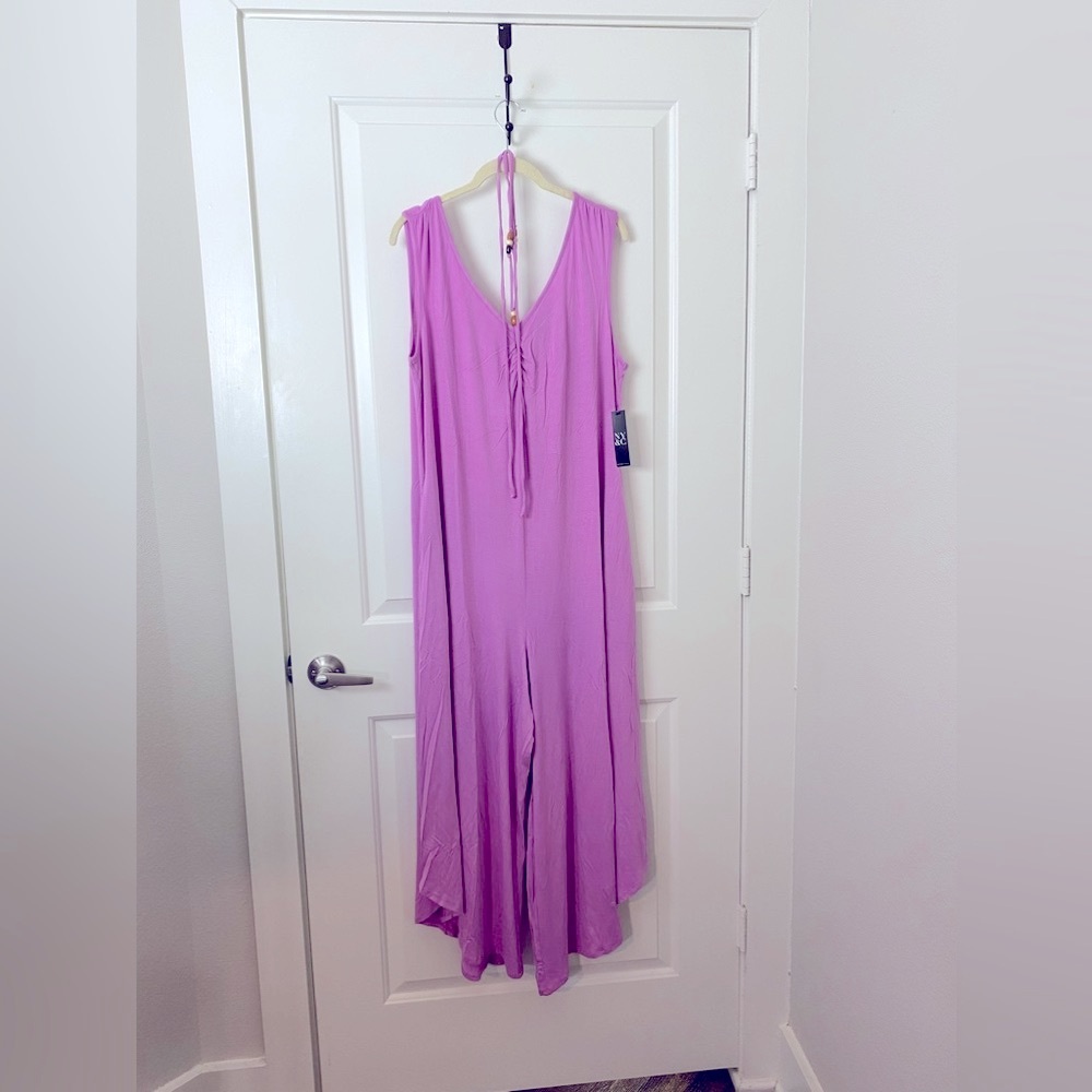 New York & Company Purple Beaded Halter Wide Leg Boho Relaxed Pockets Jumpsuit - Picture 3 of 9